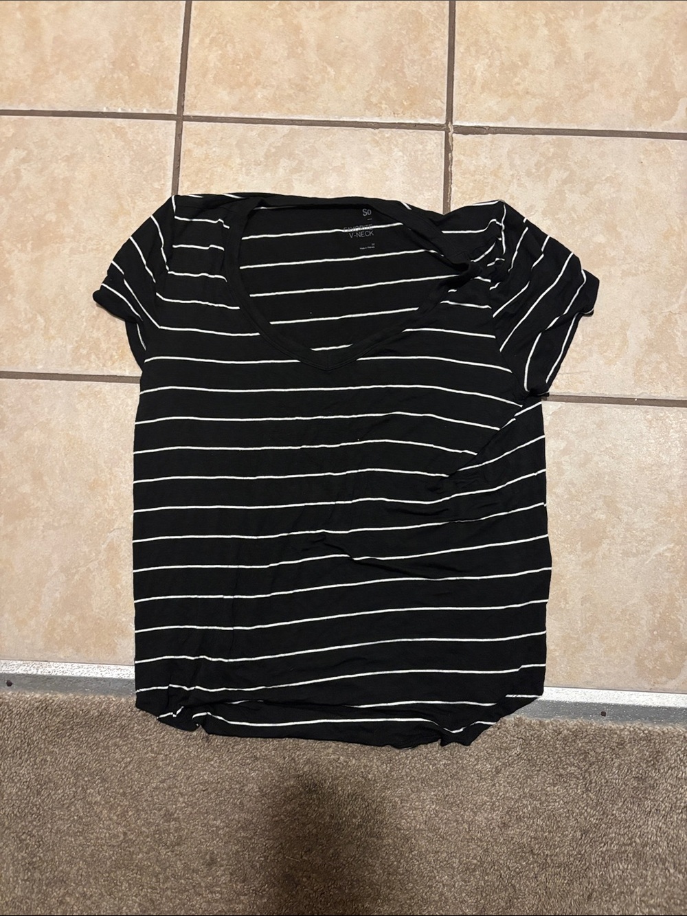 SO Black and White Striped V-Neck Tee